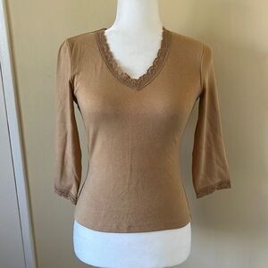 Camel colored lace V-neck top 3/4 sleeves. Size XS